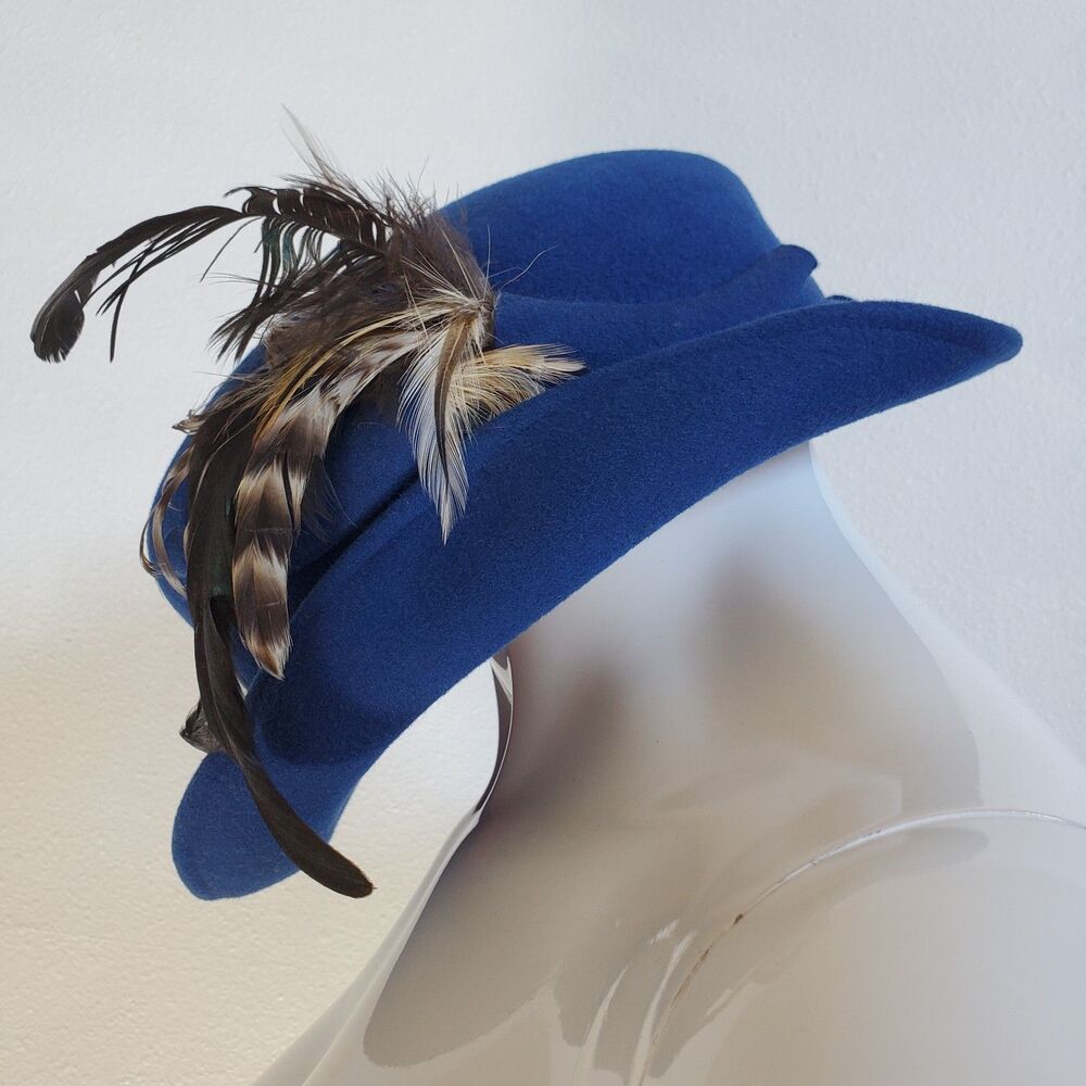 Vintage 60's Mr. John Blue Wool Feather Homburg Hat